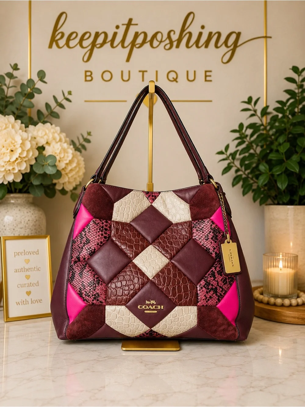 Coach Patchwork Shoulder Bag in Burgundy, Pink & Cream